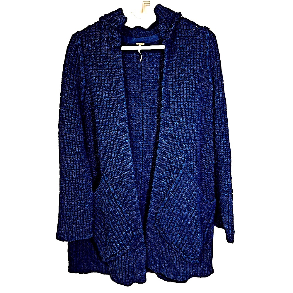 Free People Waterfront Cardigan Sz S Marine Blue Open Front Exposed Fringe Seam